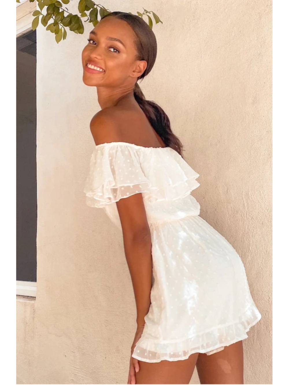 NWT Lulus Frilled to Bits White Swiss Dot Off-the-Shoulder Romper - Picture 1 of 10